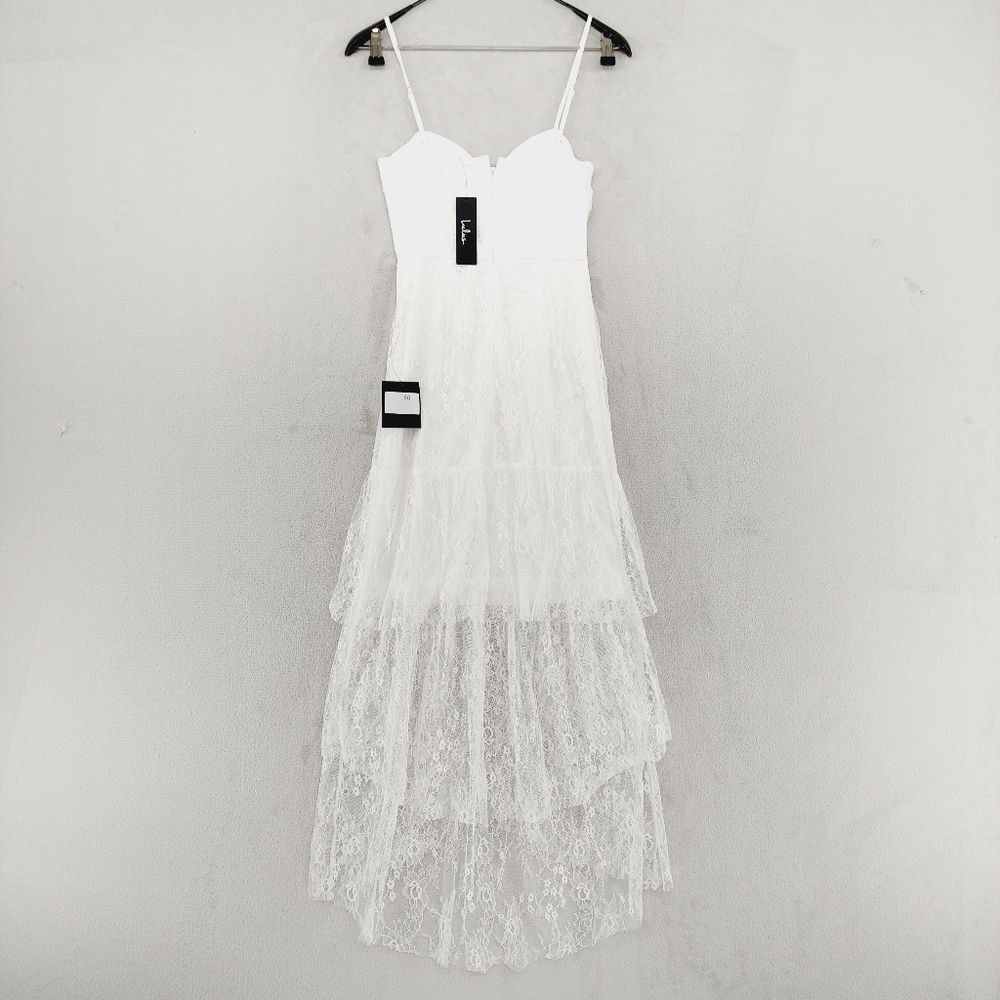 New Lulus Elaborate Love White Lace Bustier Tiered High-Low Maxi Dress P1967 - Picture 5 of 9
